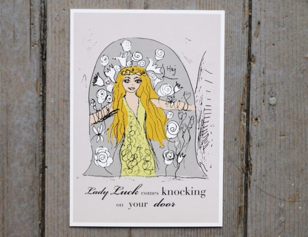 Illustration av Fru Fortuna och citatet "Lady Luck comes knocking on your door"